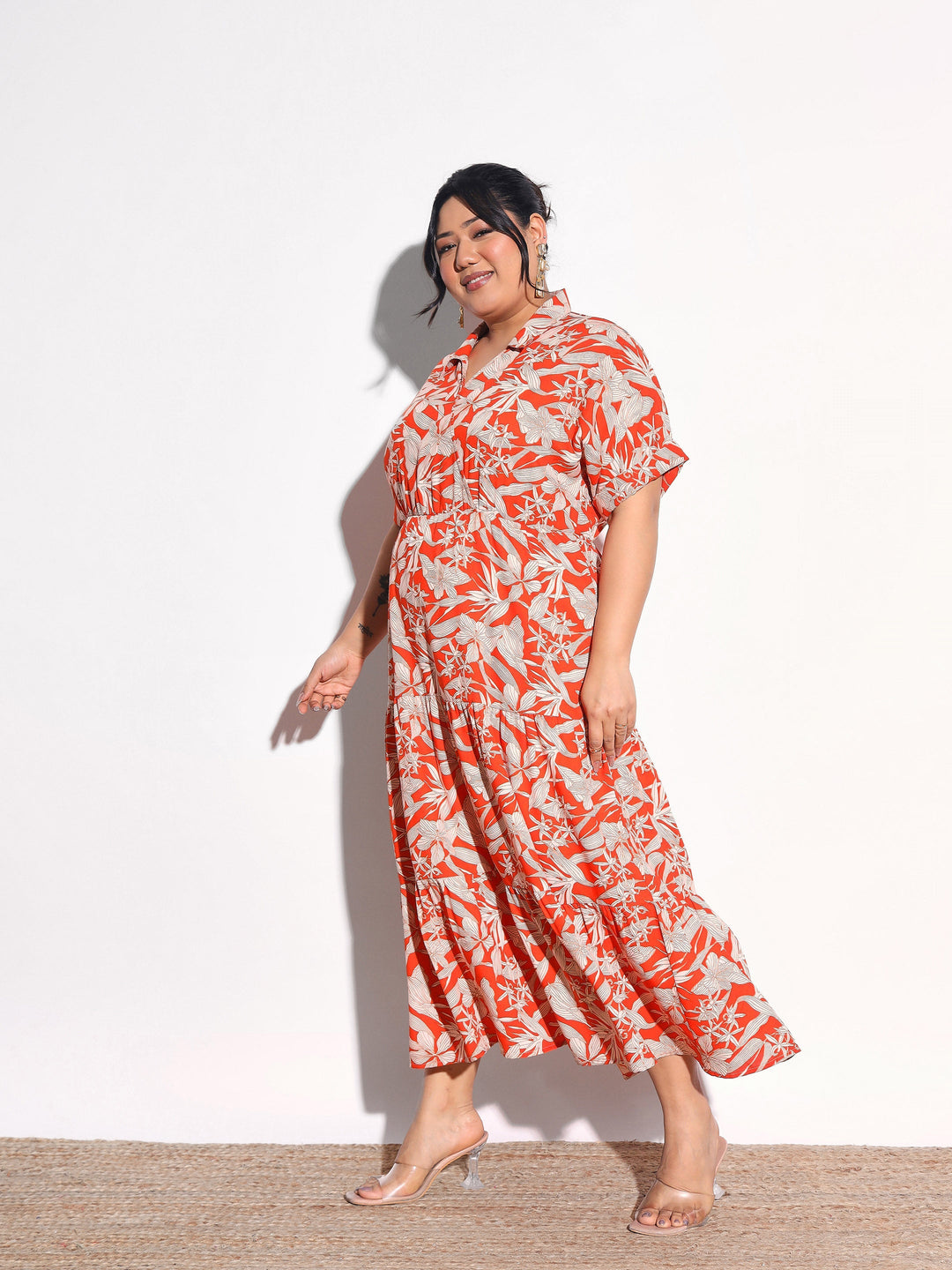 Women Orange Floral Wrap Tiered Midi Dress