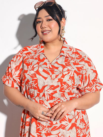 Women Orange Floral Wrap Tiered Midi Dress