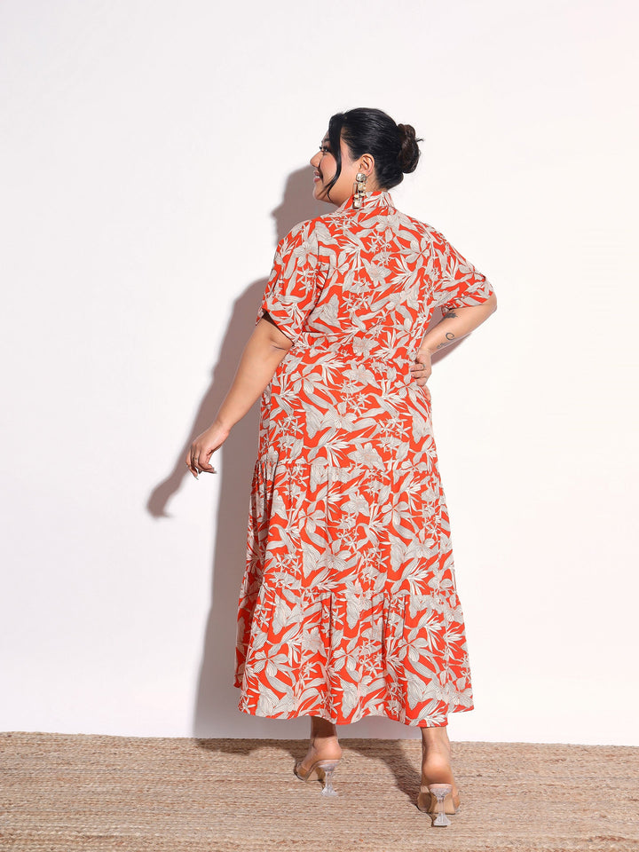 Women Orange Floral Wrap Tiered Midi Dress