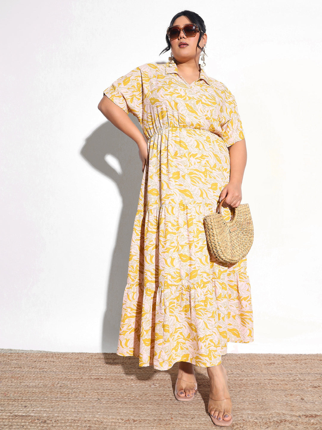 Women Yellow Floral Wrap Tiered Midi Dress