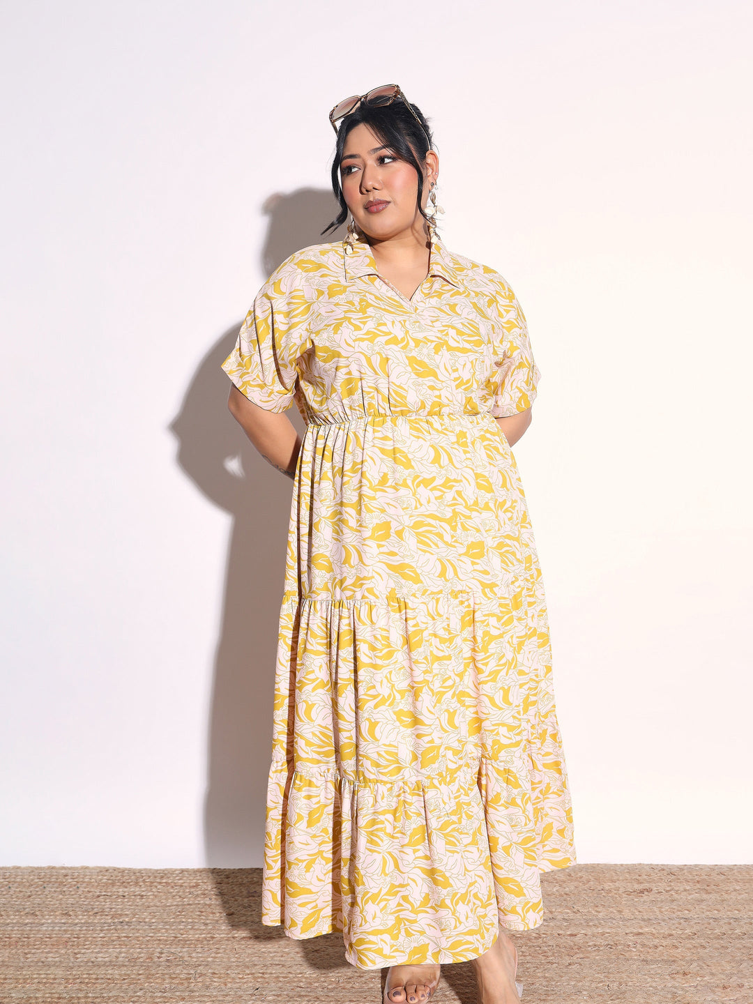 Women Yellow Floral Wrap Tiered Midi Dress