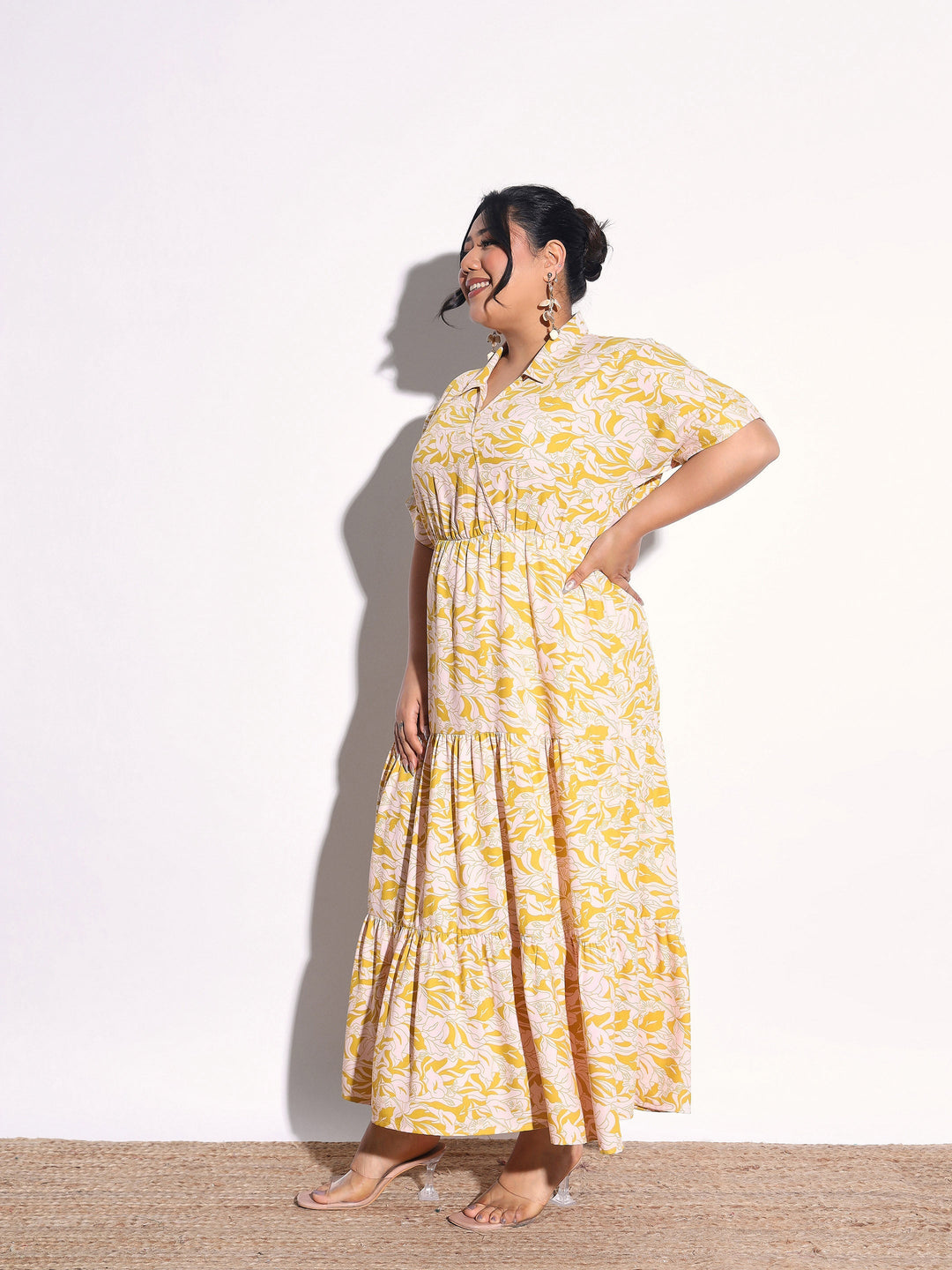 Women Yellow Floral Wrap Tiered Midi Dress