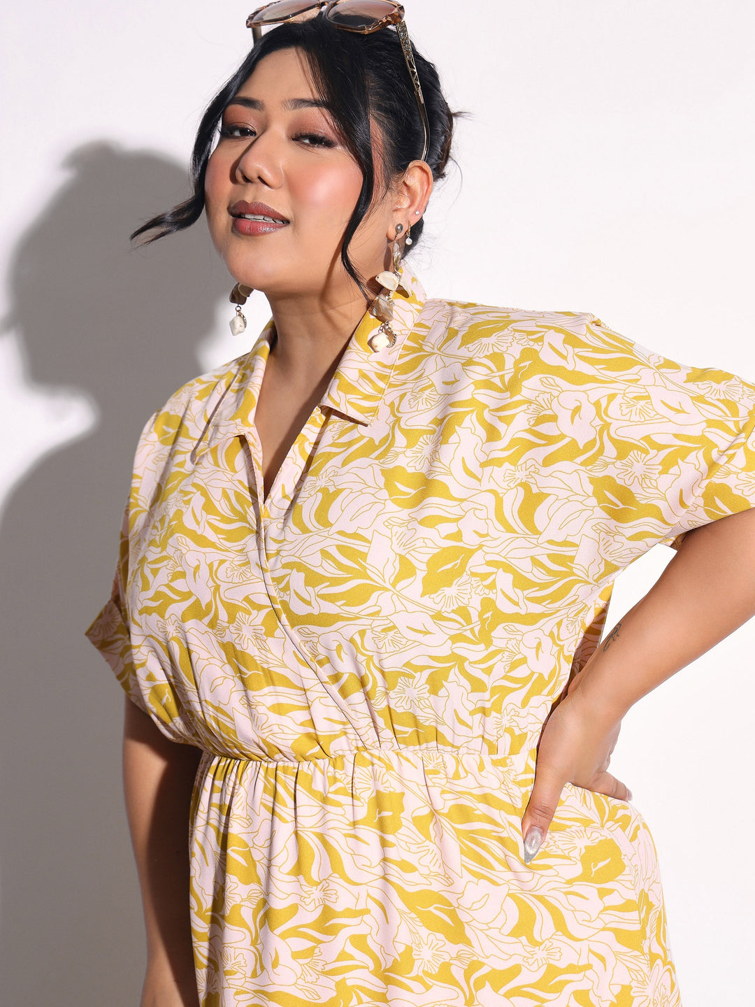 Women Yellow Floral Wrap Tiered Midi Dress