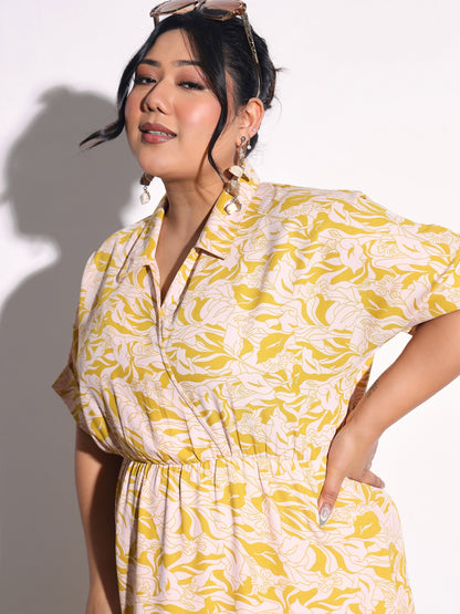 Women Yellow Floral Wrap Tiered Midi Dress