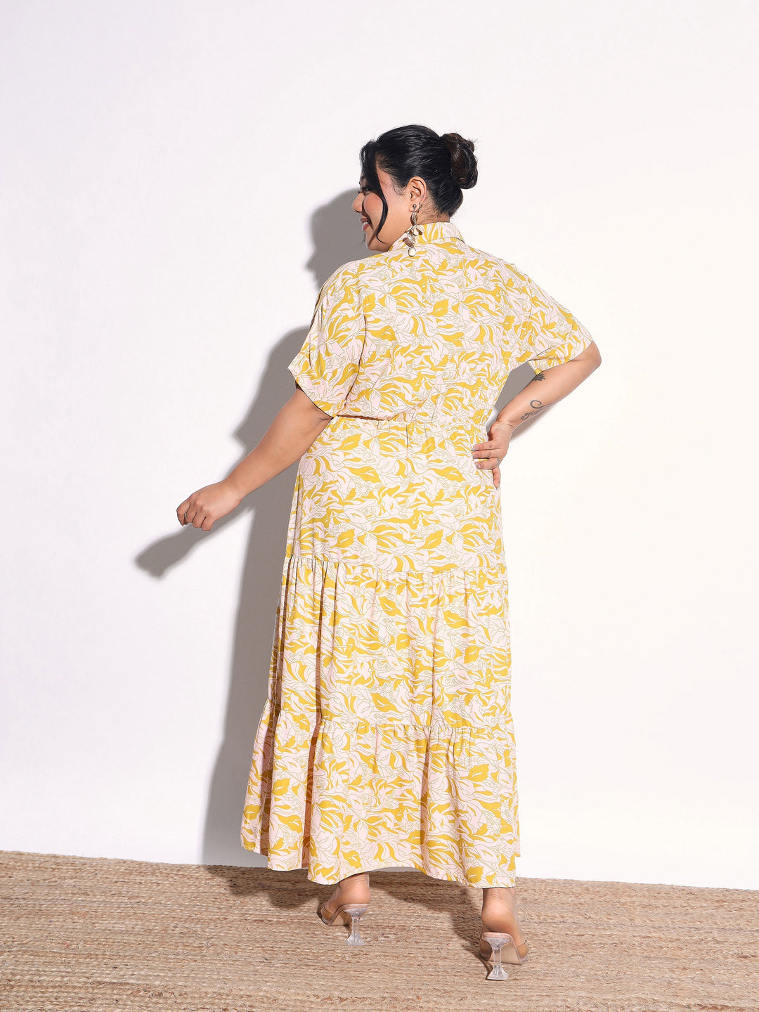 Women Yellow Floral Wrap Tiered Midi Dress