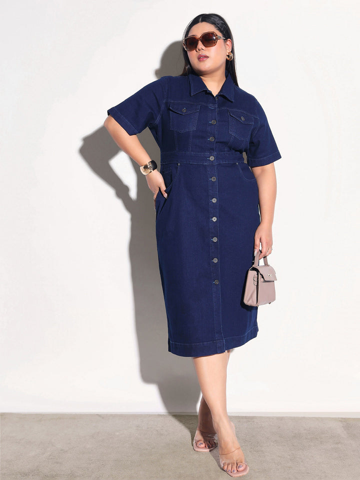 Women Navy Denim Front Button Shirt Dress