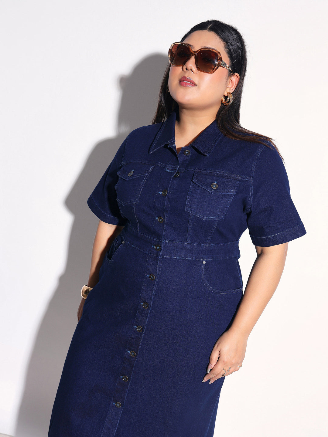 Women Navy Denim Front Button Shirt Dress