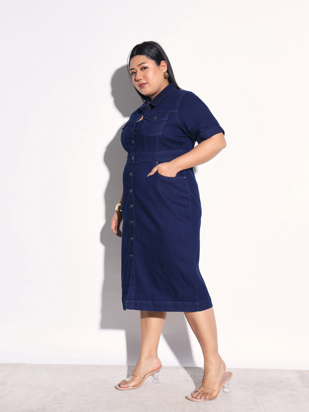 Women Navy Denim Front Button Shirt Dress