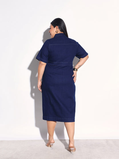 Women Navy Denim Front Button Shirt Dress
