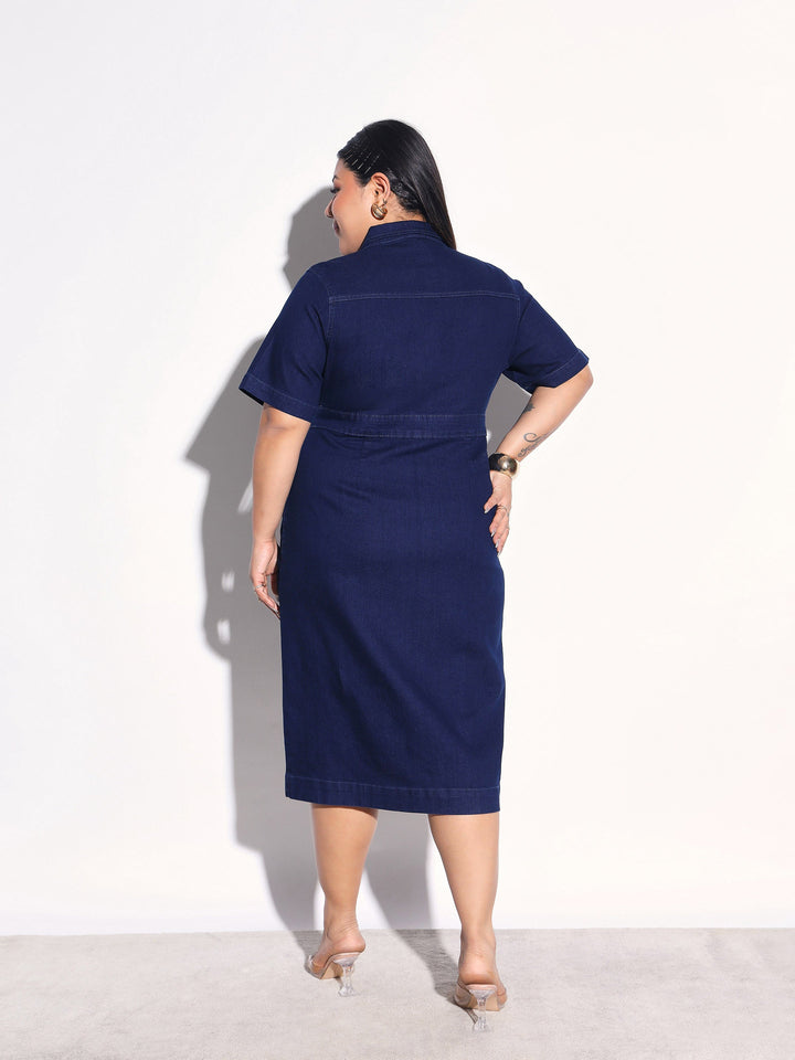 Women Navy Denim Front Button Shirt Dress
