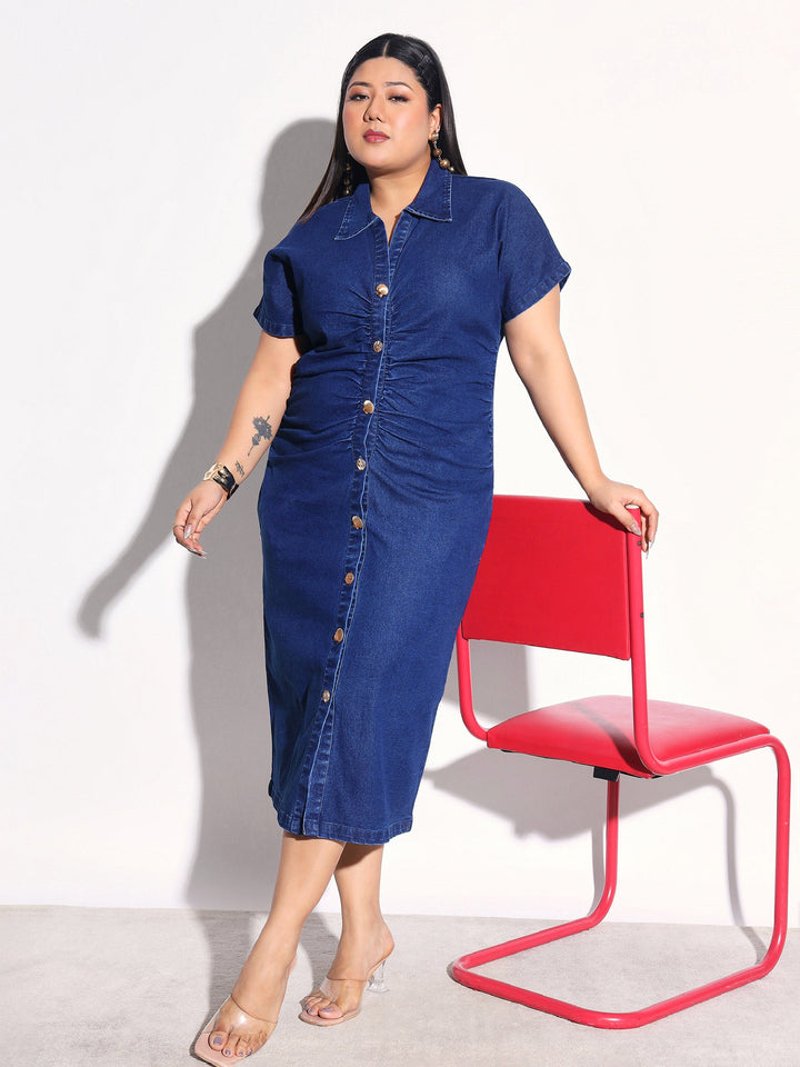 Women Navy Denim Front Ruching Bodycon Dress