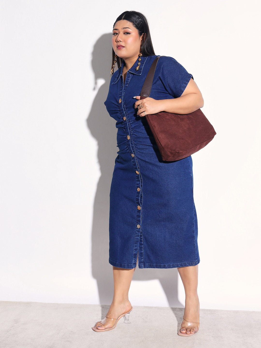 Women Navy Denim Front Ruching Bodycon Dress