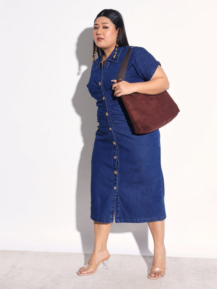 Women Navy Denim Front Ruching Bodycon Dress