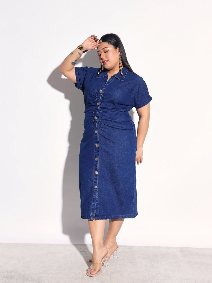 Women Navy Denim Front Ruching Bodycon Dress
