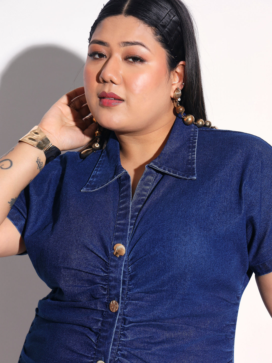 Women Navy Denim Front Ruching Bodycon Dress