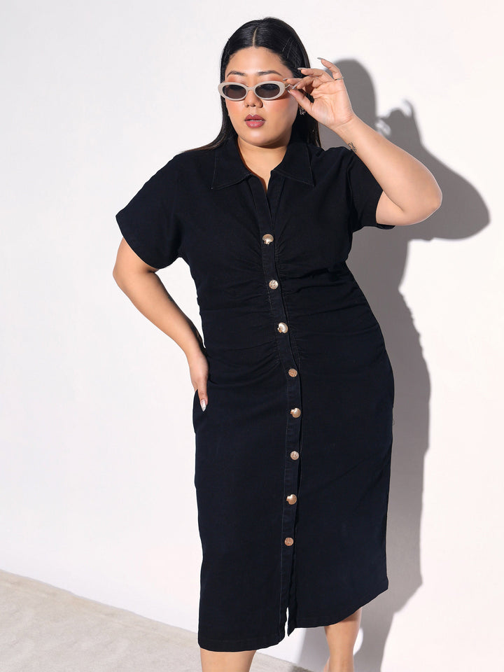 Women Black Blast Denim Front Ruching Bodycon Dress