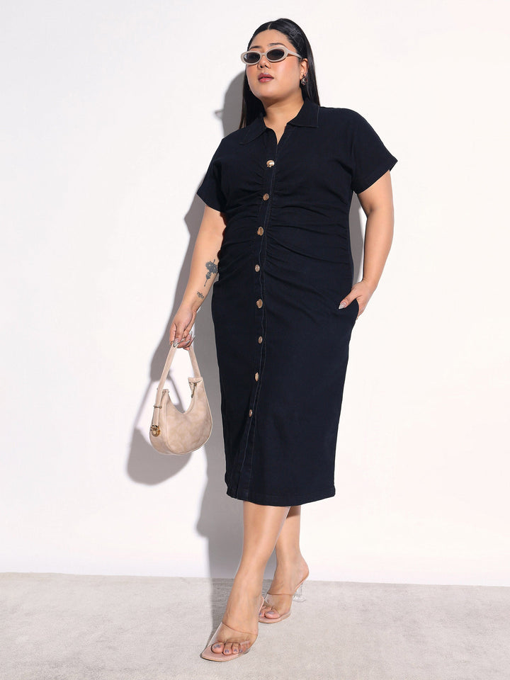 Women Black Blast Denim Front Ruching Bodycon Dress