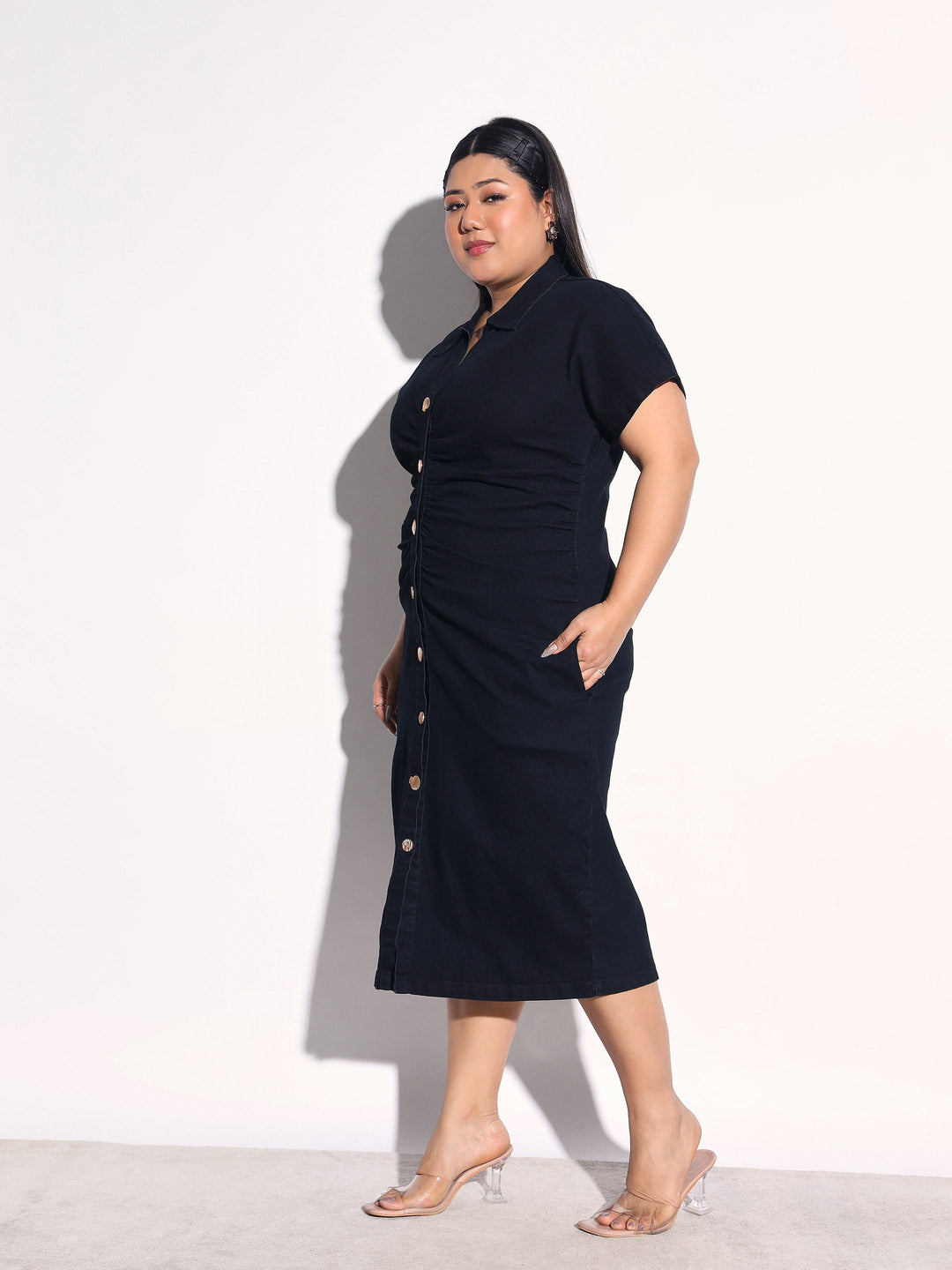 Women Black Blast Denim Front Ruching Bodycon Dress