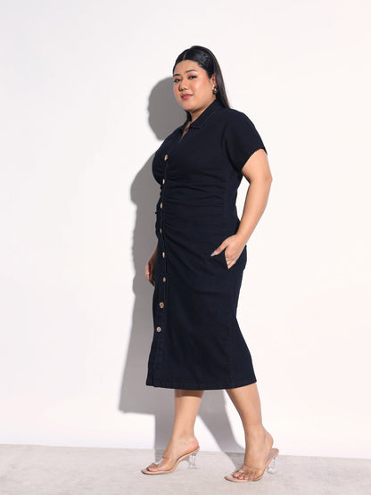 Women Black Blast Denim Front Ruching Bodycon Dress
