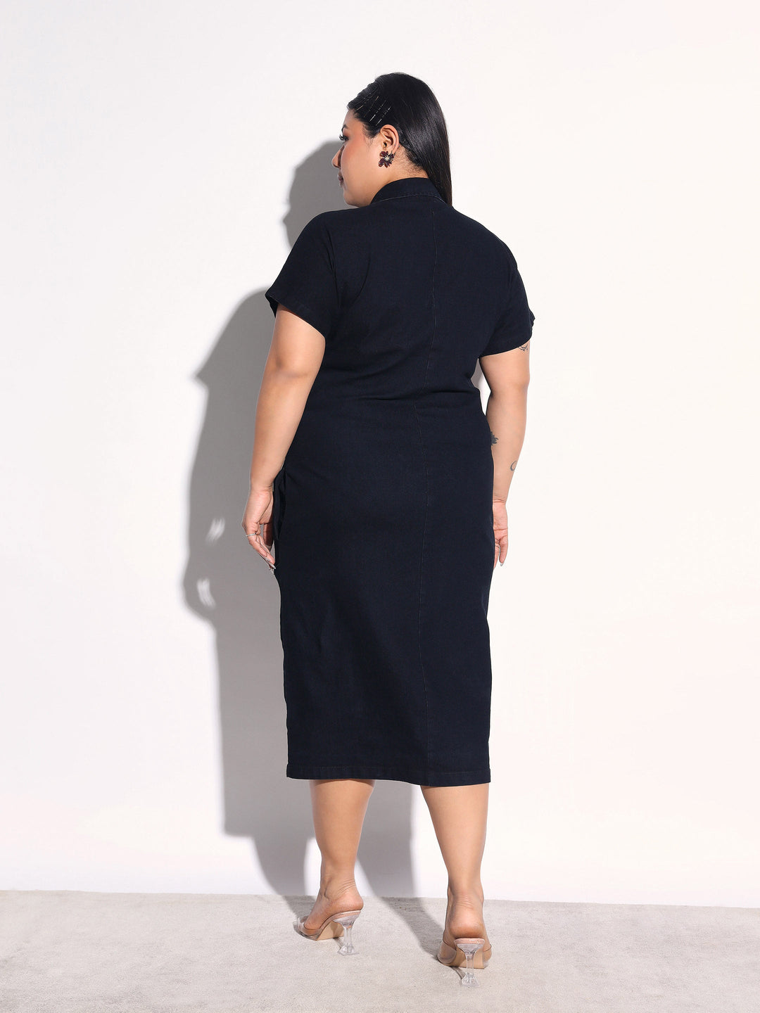Women Black Blast Denim Front Ruching Bodycon Dress