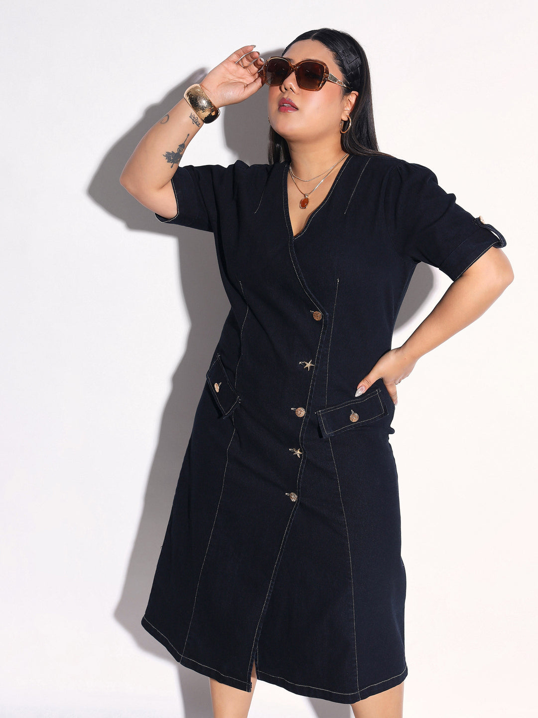 Women Black Blast Denim Wrap A-Line Midi Dress