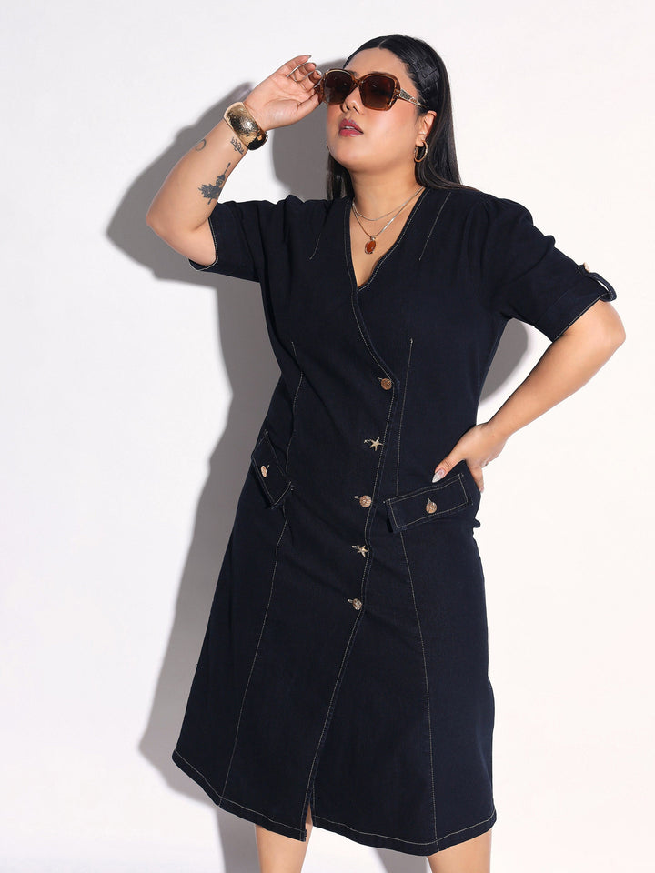 Women Black Blast Denim Wrap A-Line Midi Dress
