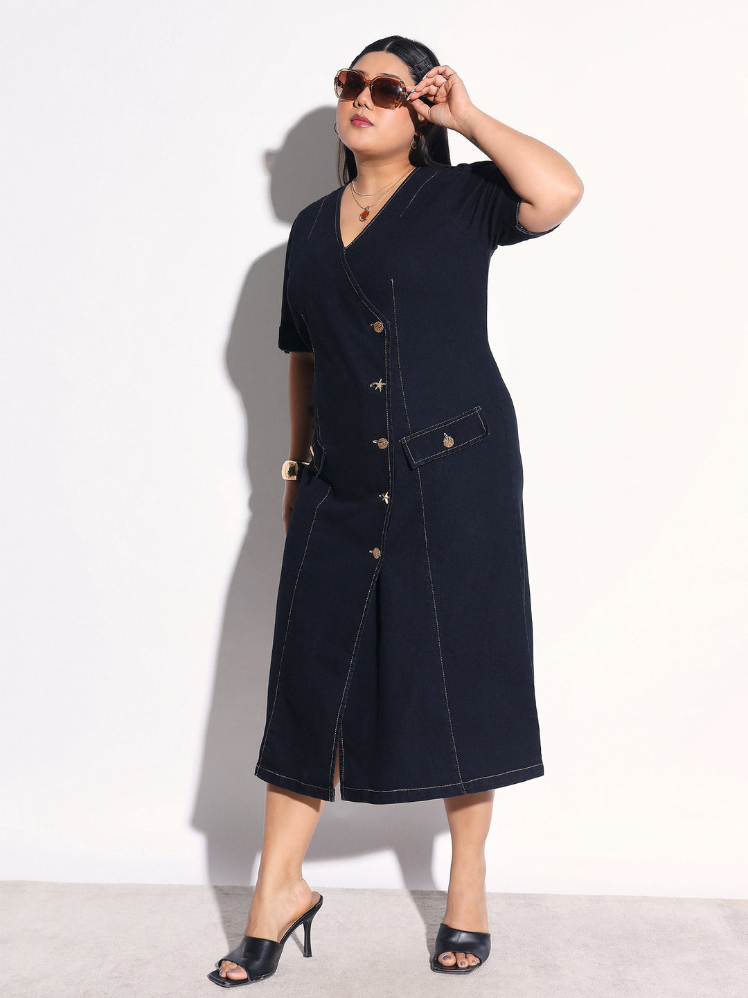 Women Black Blast Denim Wrap A-Line Midi Dress