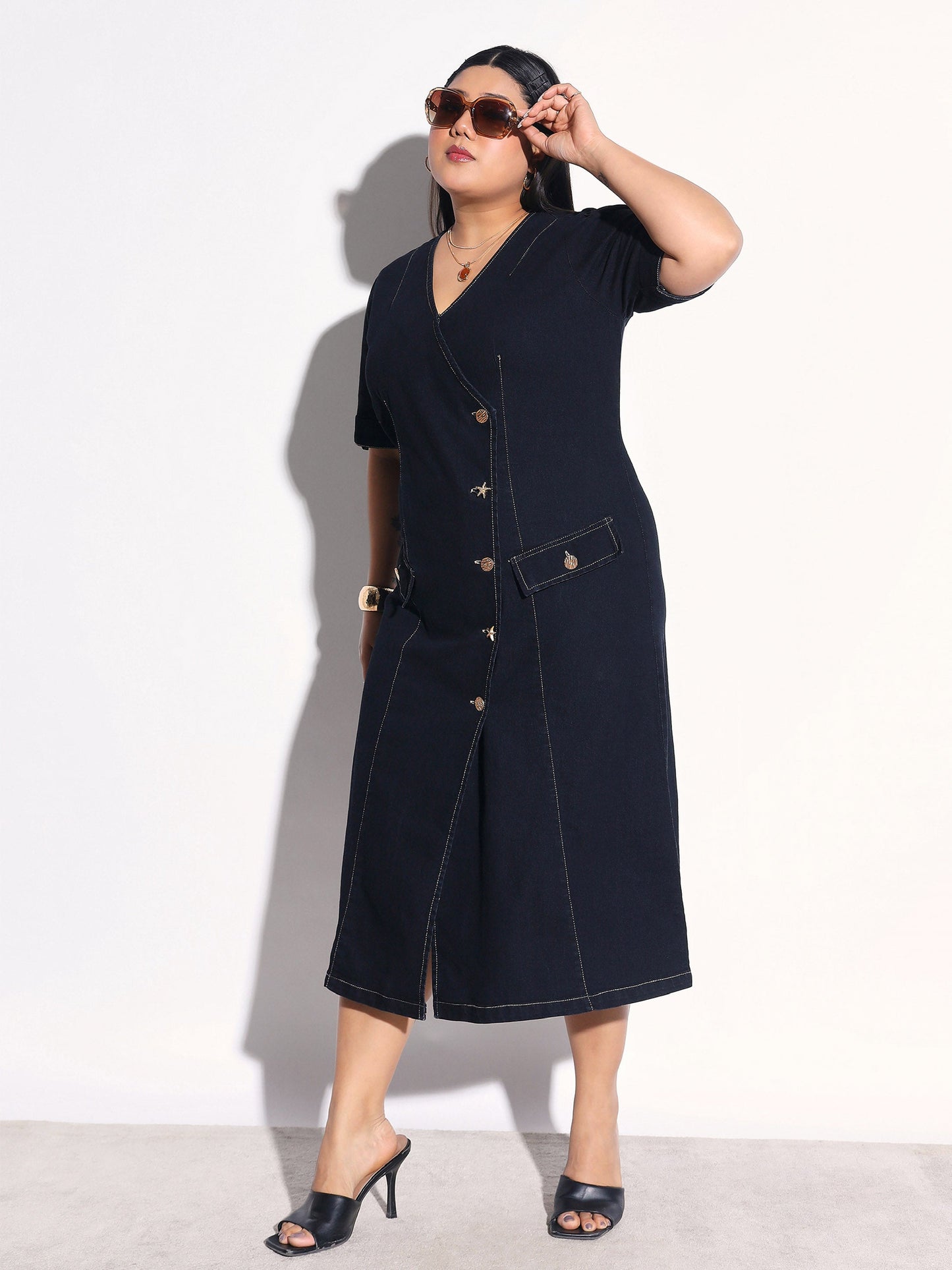Women Black Blast Denim Wrap A-Line Midi Dress