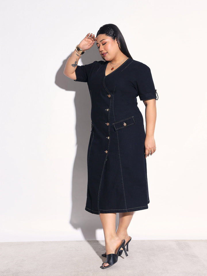 Women Black Blast Denim Wrap A-Line Midi Dress