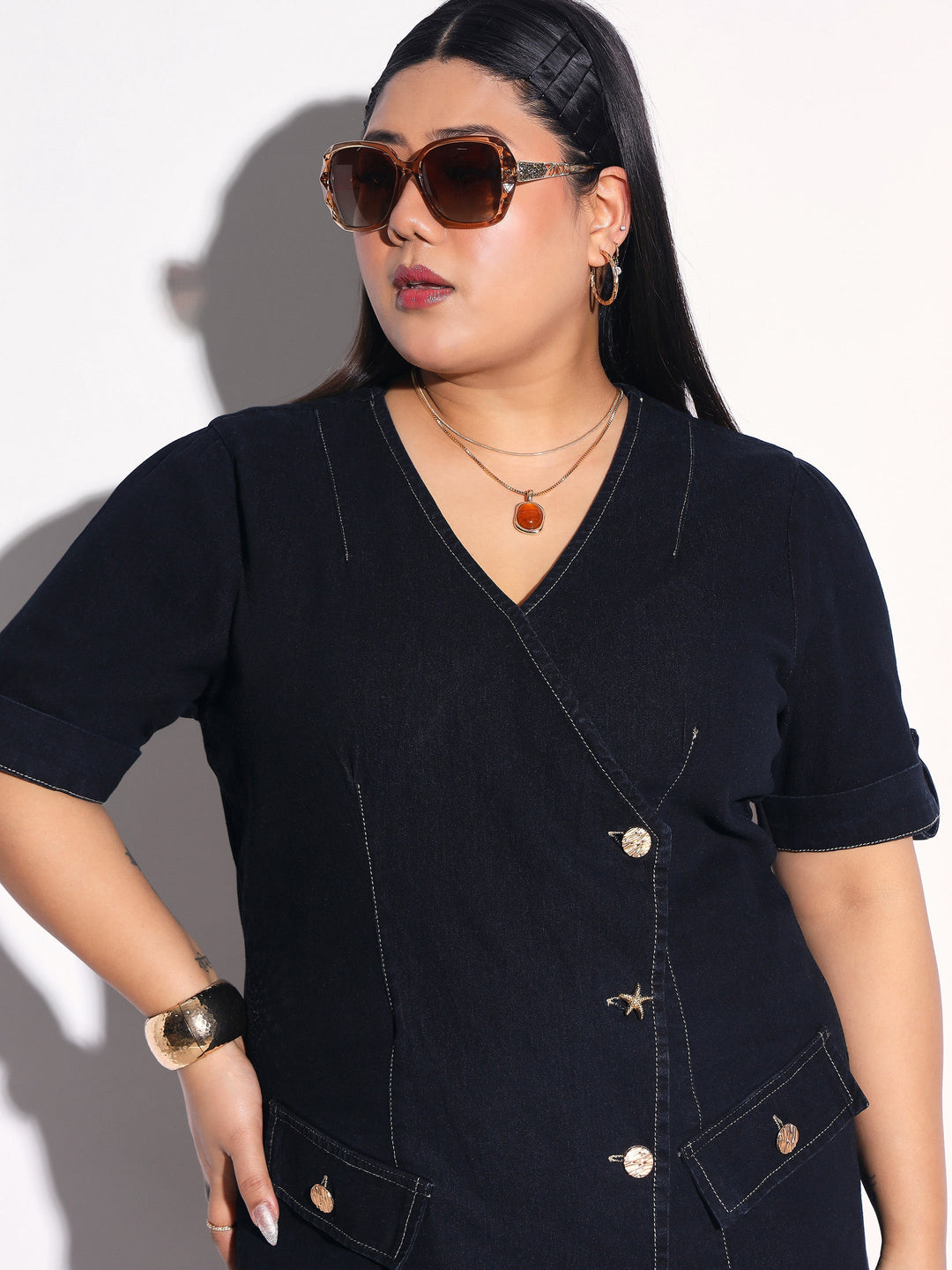 Women Black Blast Denim Wrap A-Line Midi Dress