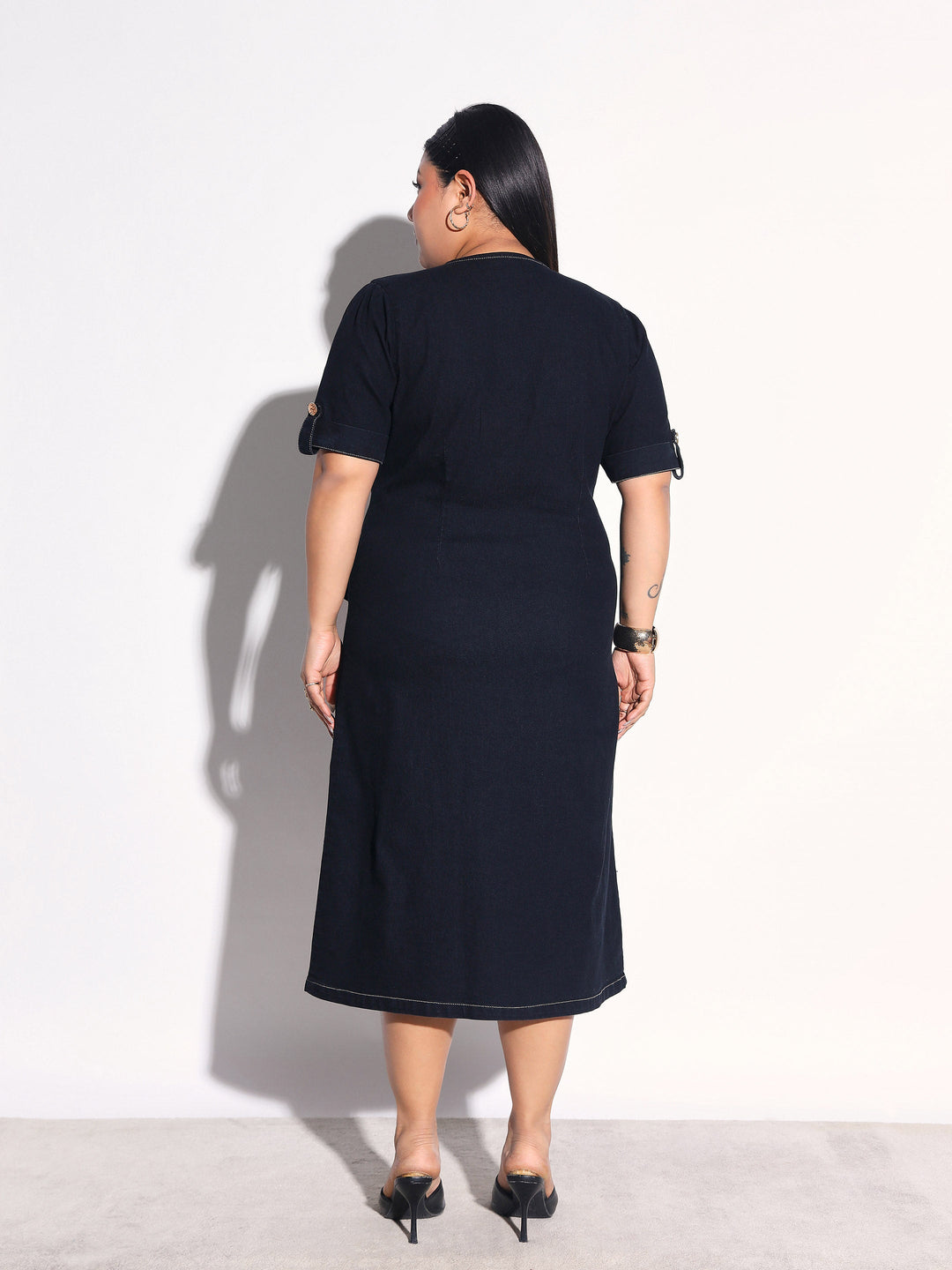 Women Black Blast Denim Wrap A-Line Midi Dress
