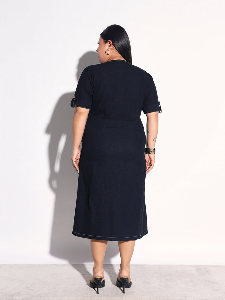 Women Black Blast Denim Wrap A-Line Midi Dress