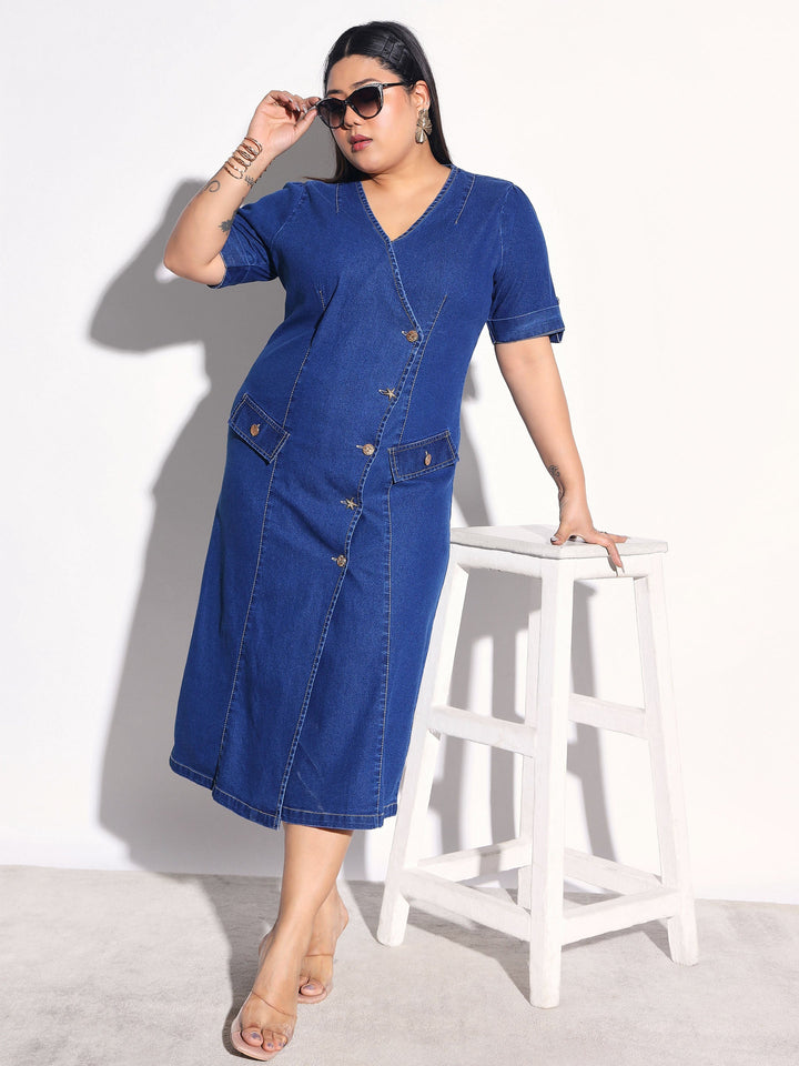 Women Navy Wash Denim Wrap A-Line Midi Dress