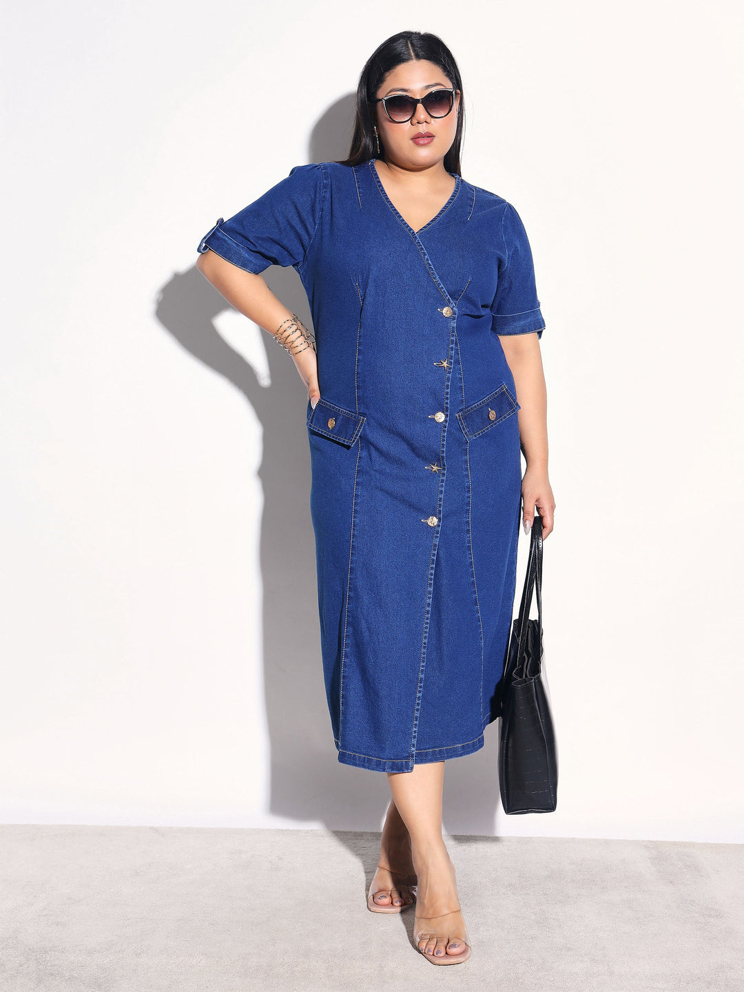 Women Navy Wash Denim Wrap A-Line Midi Dress