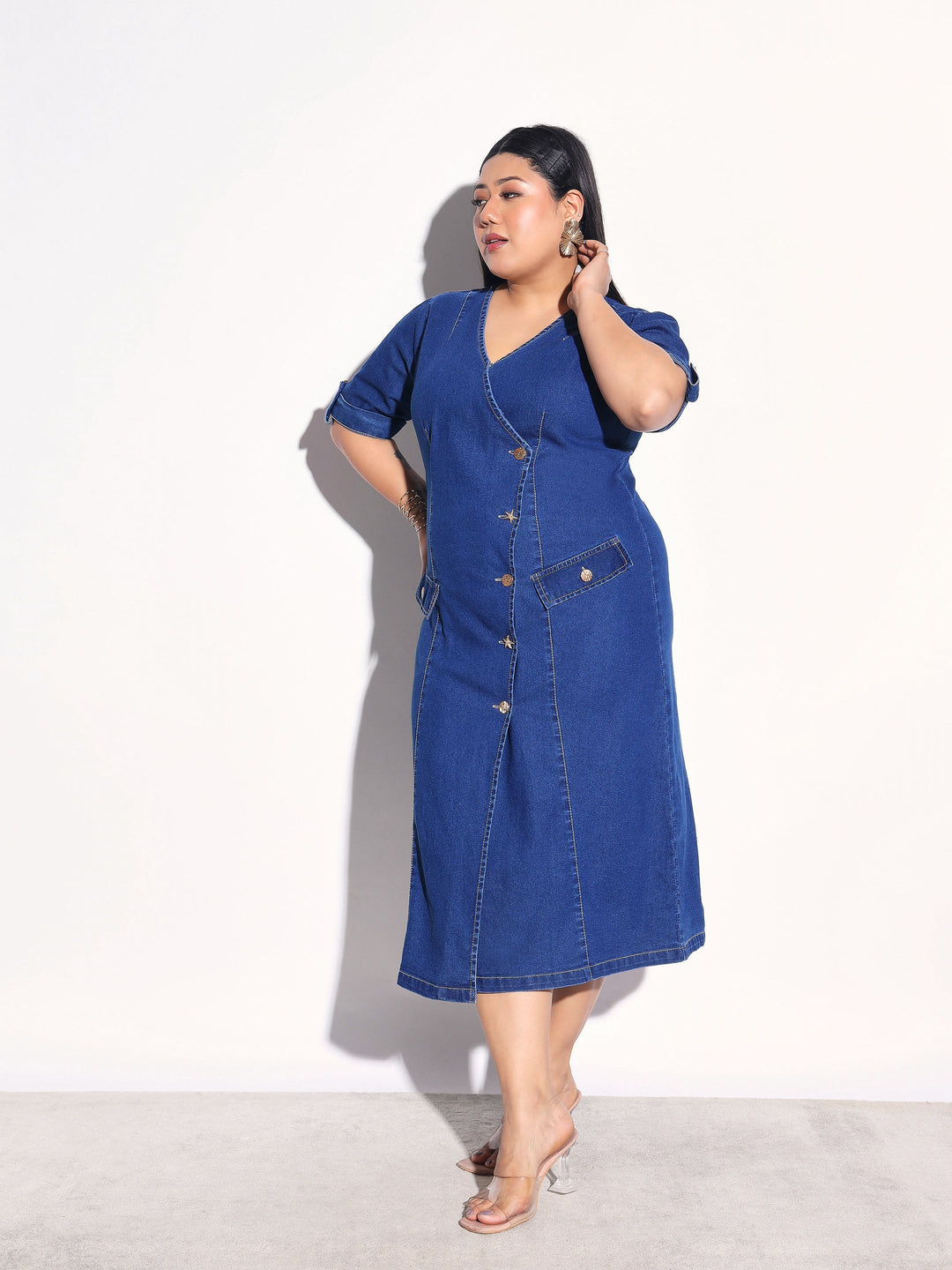 Women Navy Wash Denim Wrap A-Line Midi Dress