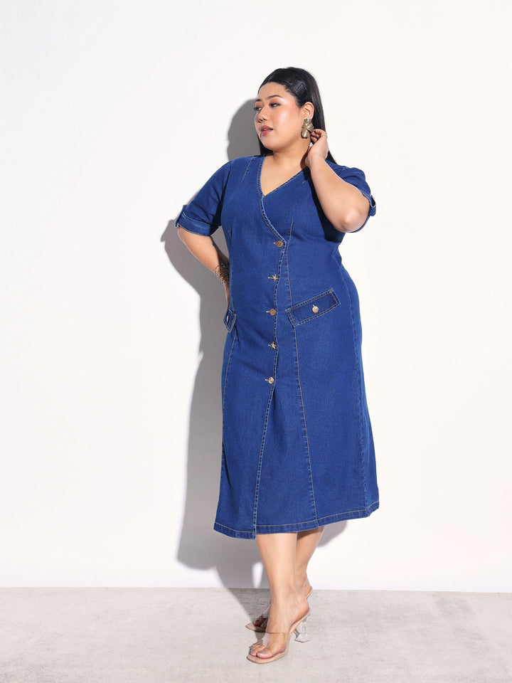Women Navy Wash Denim Wrap A-Line Midi Dress