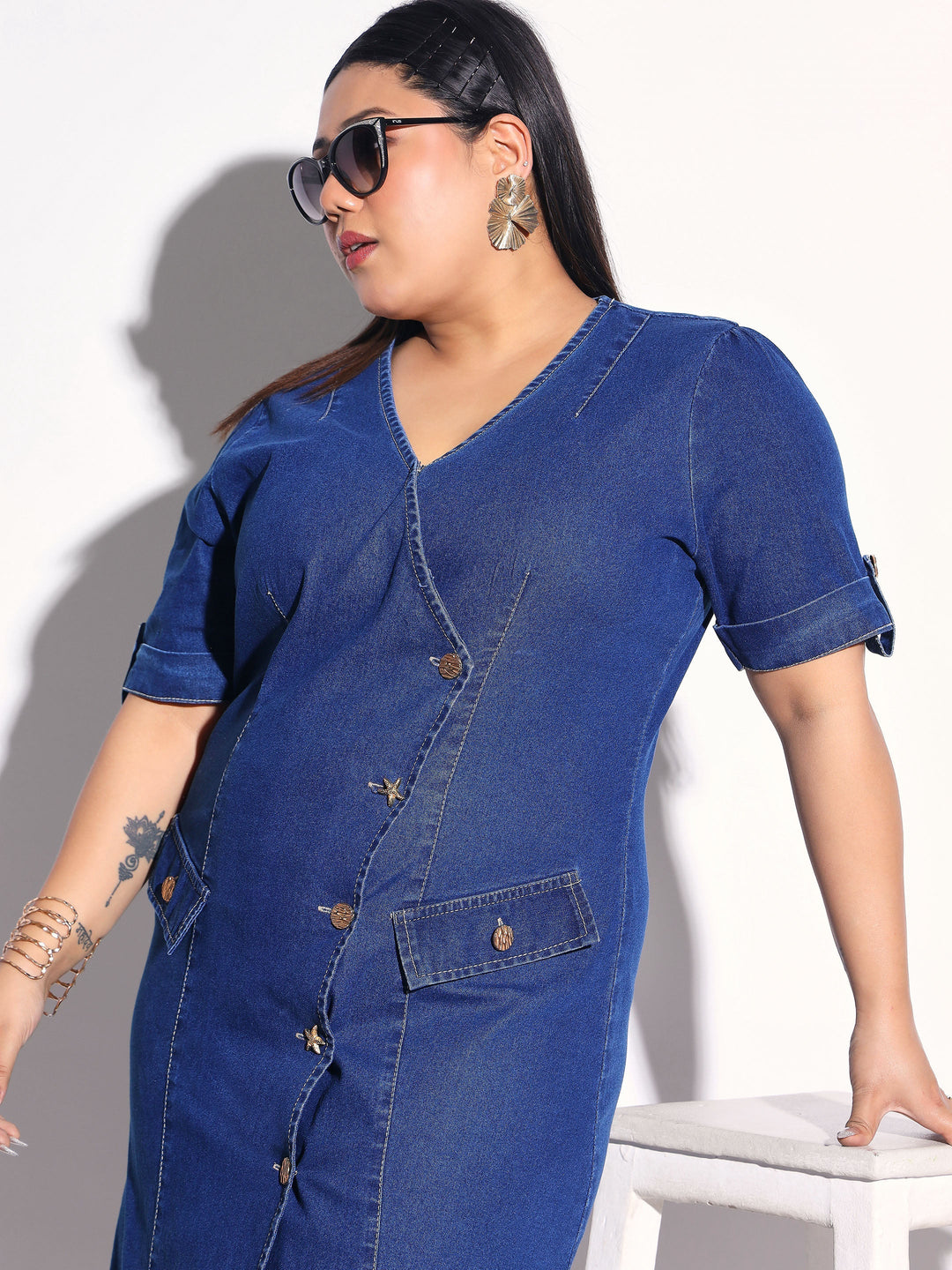 Women Navy Wash Denim Wrap A-Line Midi Dress