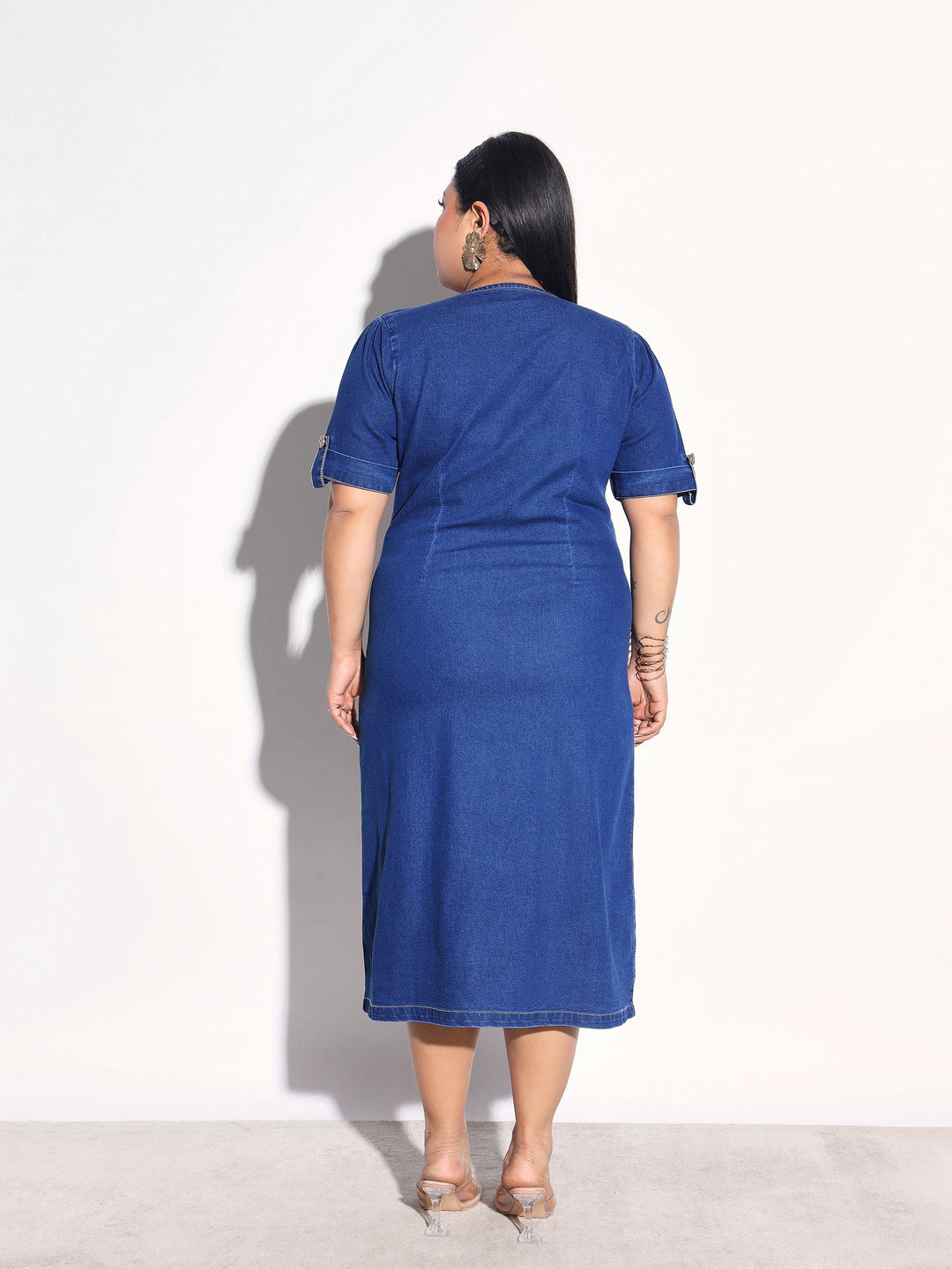 Women Navy Wash Denim Wrap A-Line Midi Dress