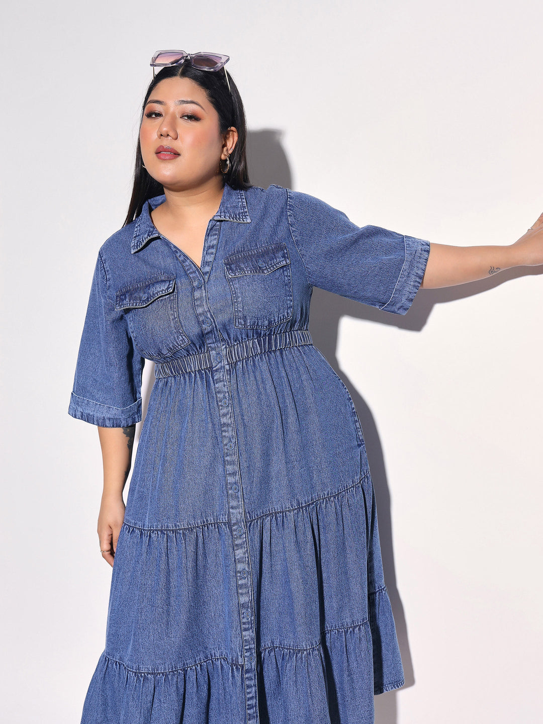 Women Navy Wash Tencel Collar Neck Tiered Midi Dress