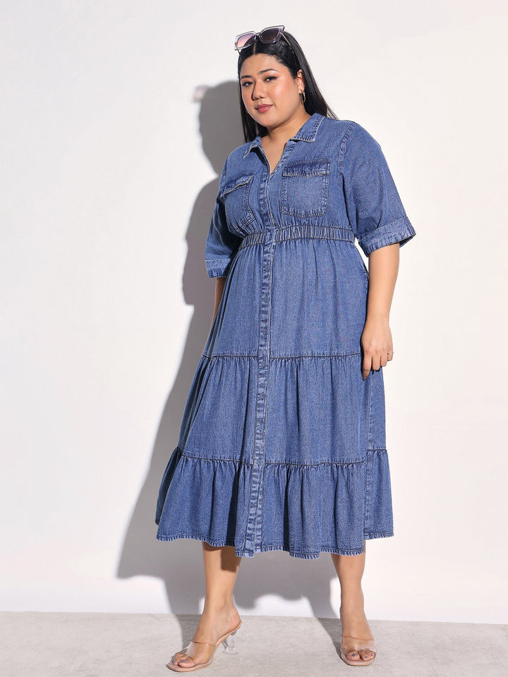 Women Navy Wash Tencel Collar Neck Tiered Midi Dress