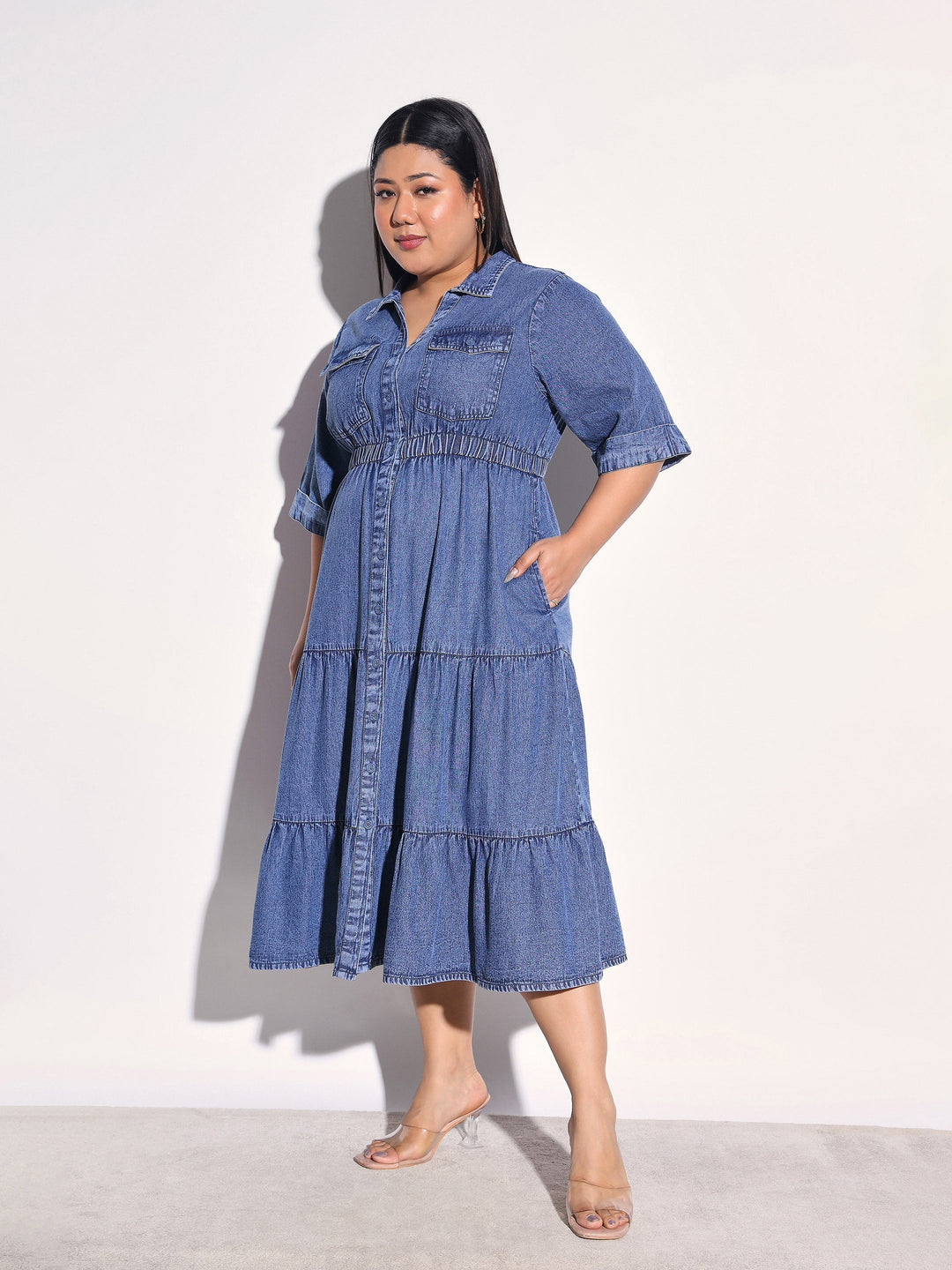 Women Navy Wash Tencel Collar Neck Tiered Midi Dress