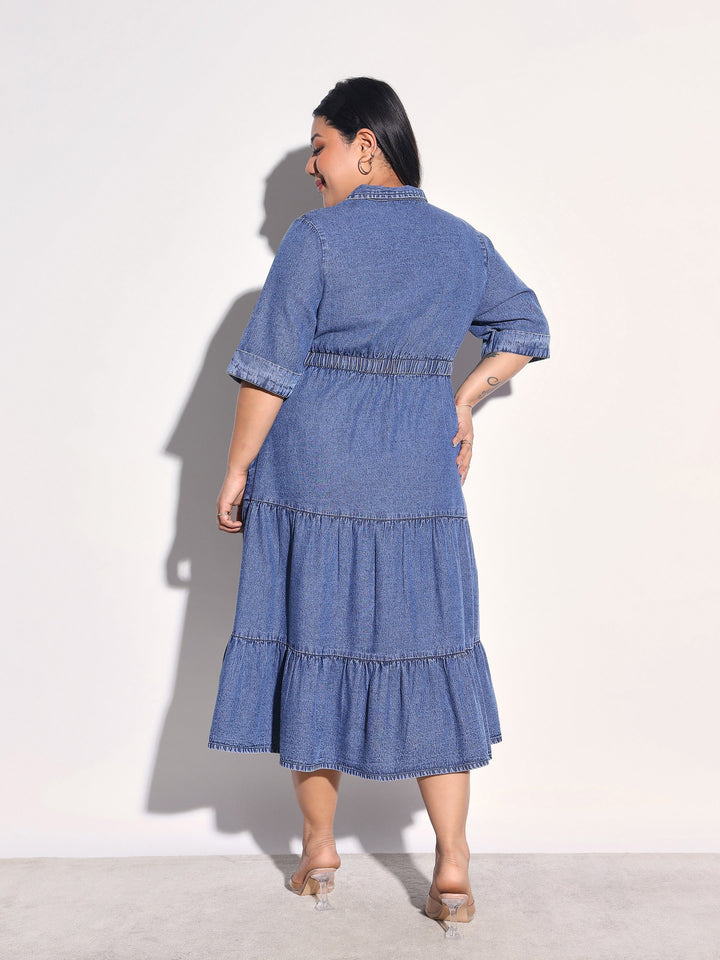 Women Navy Wash Tencel Collar Neck Tiered Midi Dress