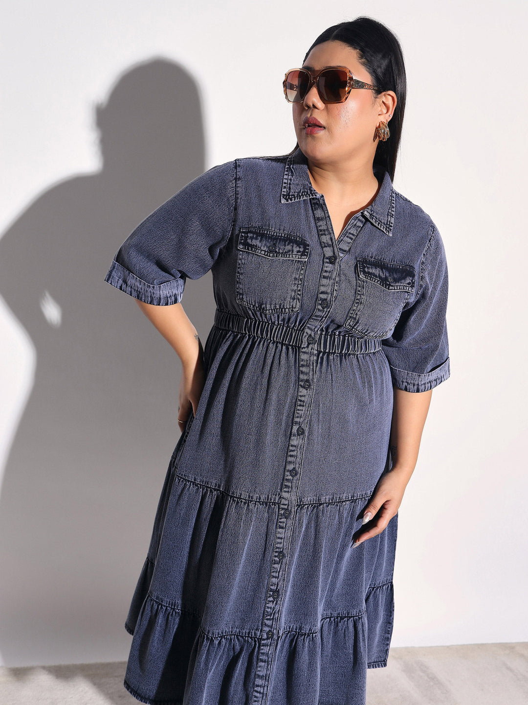 Women Black Wash Tencel Collar Neck Tiered Midi Dress