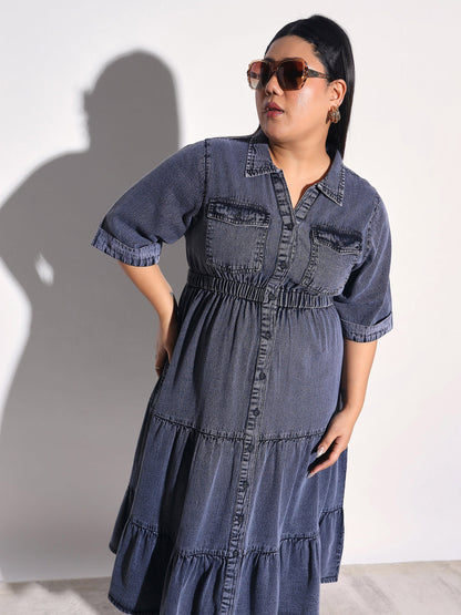 Women Black Wash Tencel Collar Neck Tiered Midi Dress