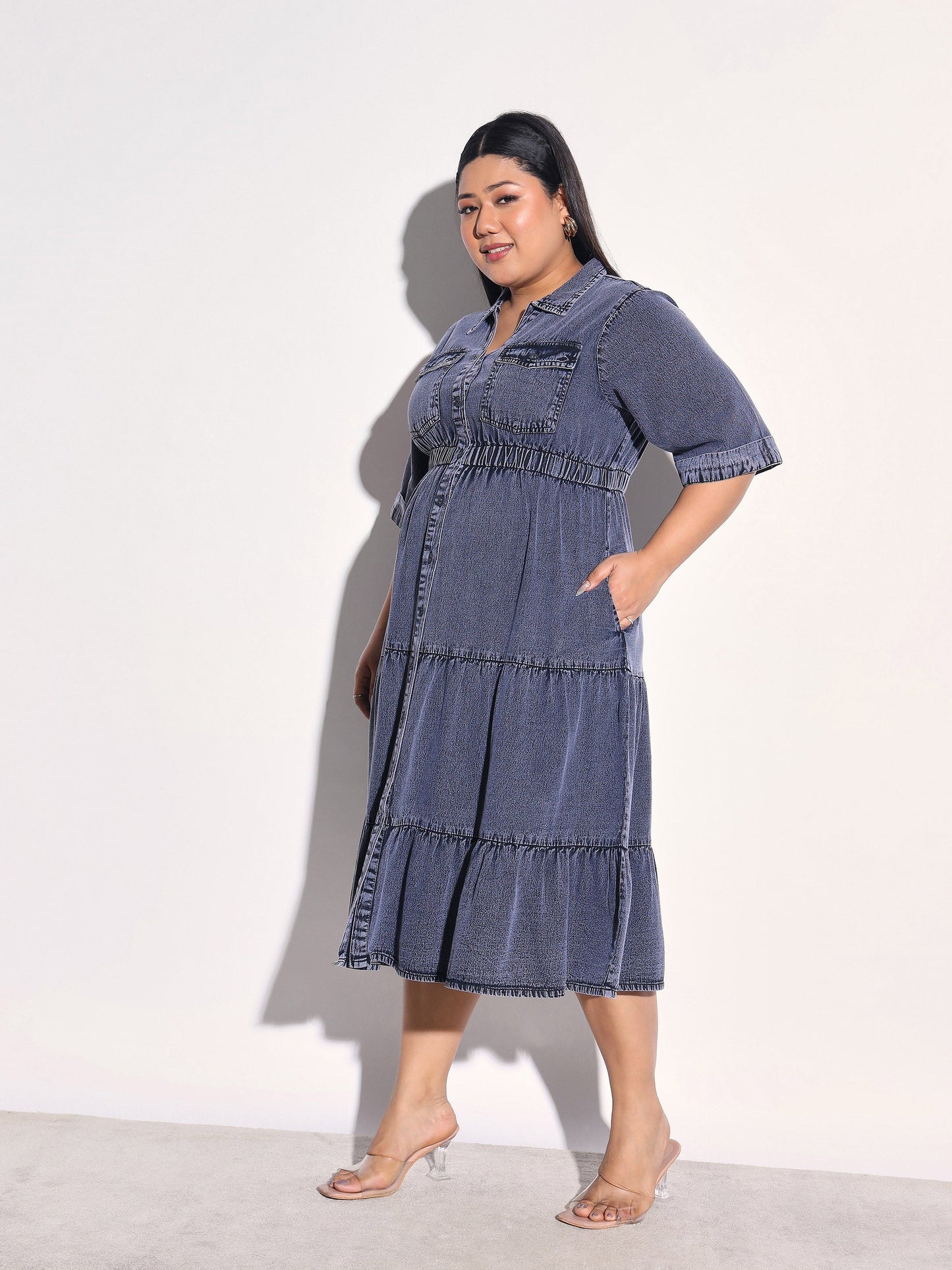 Women Black Wash Tencel Collar Neck Tiered Midi Dress
