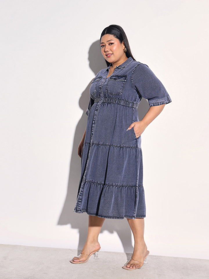 Women Black Wash Tencel Collar Neck Tiered Midi Dress