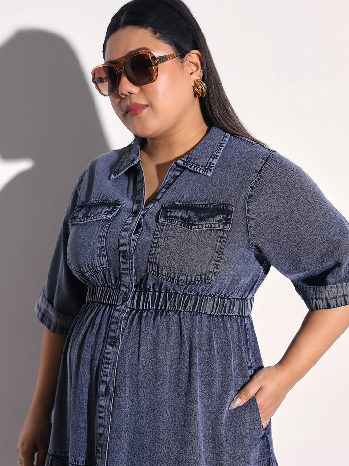 Women Black Wash Tencel Collar Neck Tiered Midi Dress