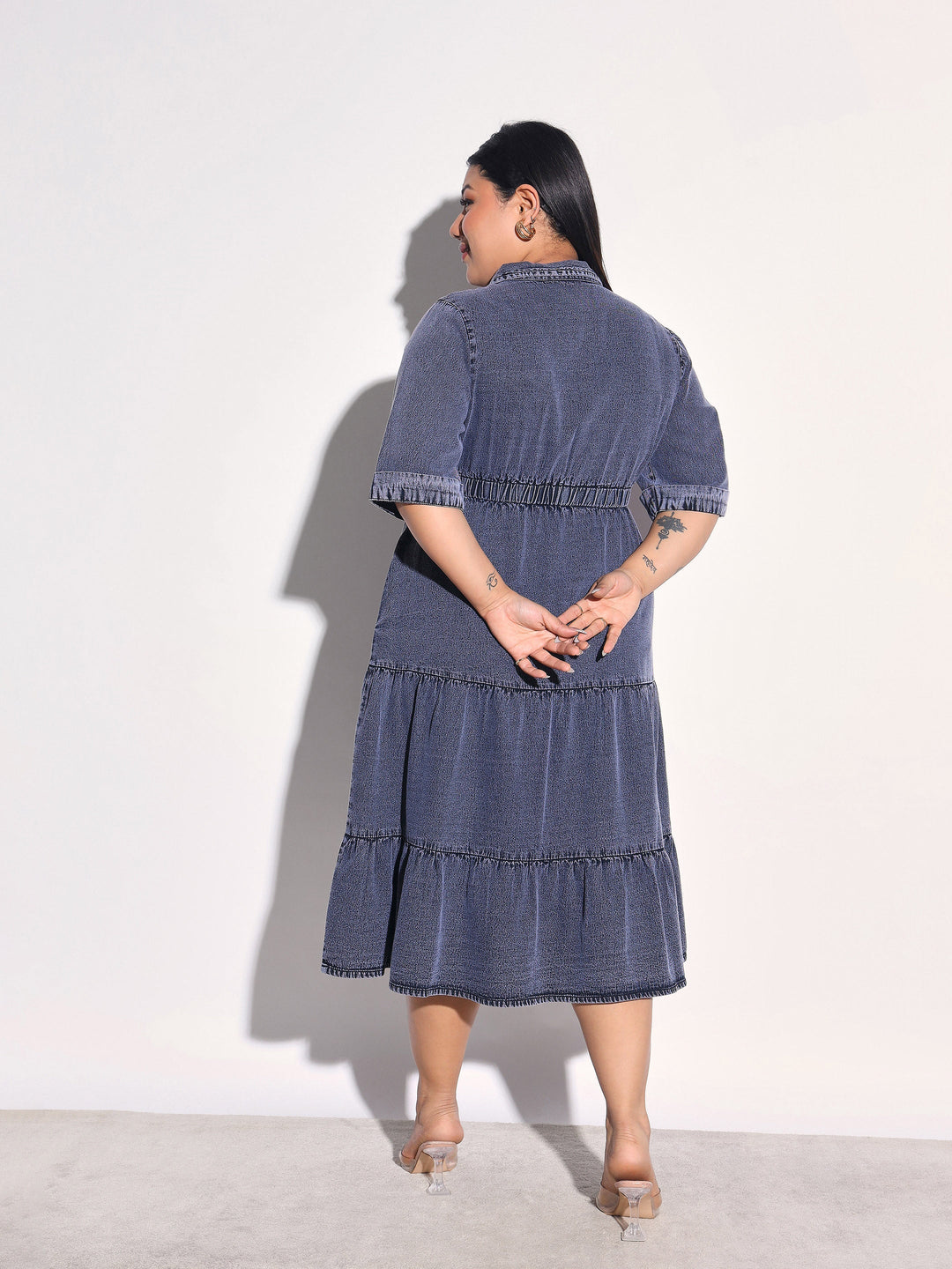 Women Black Wash Tencel Collar Neck Tiered Midi Dress
