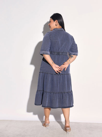 Women Black Wash Tencel Collar Neck Tiered Midi Dress