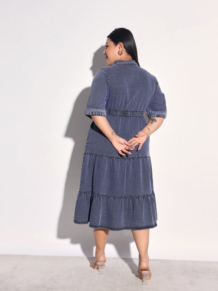 Women Black Wash Tencel Collar Neck Tiered Midi Dress